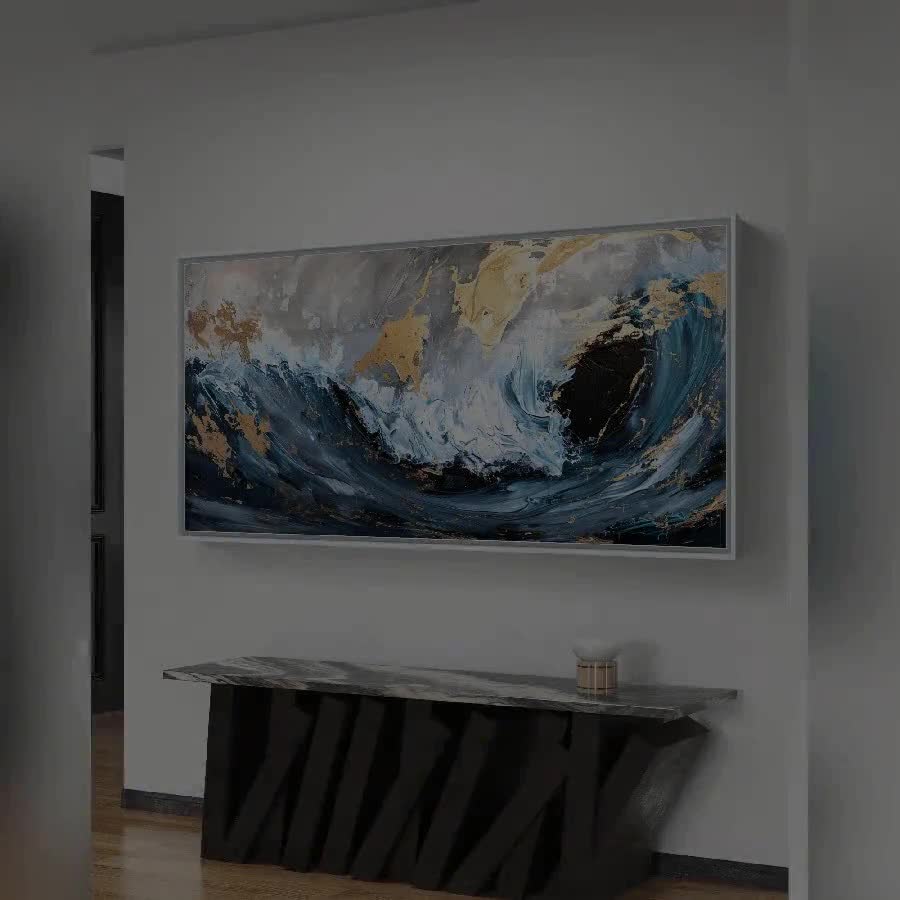 青と金の海の波アート：抽象的な藍の絵画（デジタルダウンロード